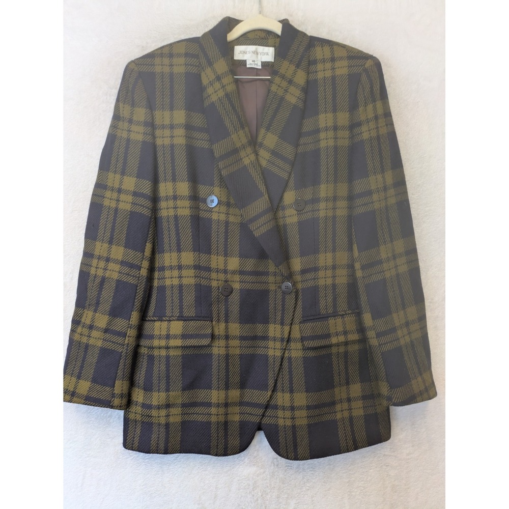 Jones‎ New York Blazer Women's 10 Olive Green Plaid Double Breasted Vintage